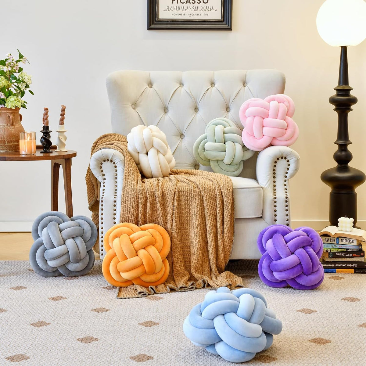 Xuyier Knot Pillow Ball, 12" Decorative Throw Pillows for Couch Bed, Beige