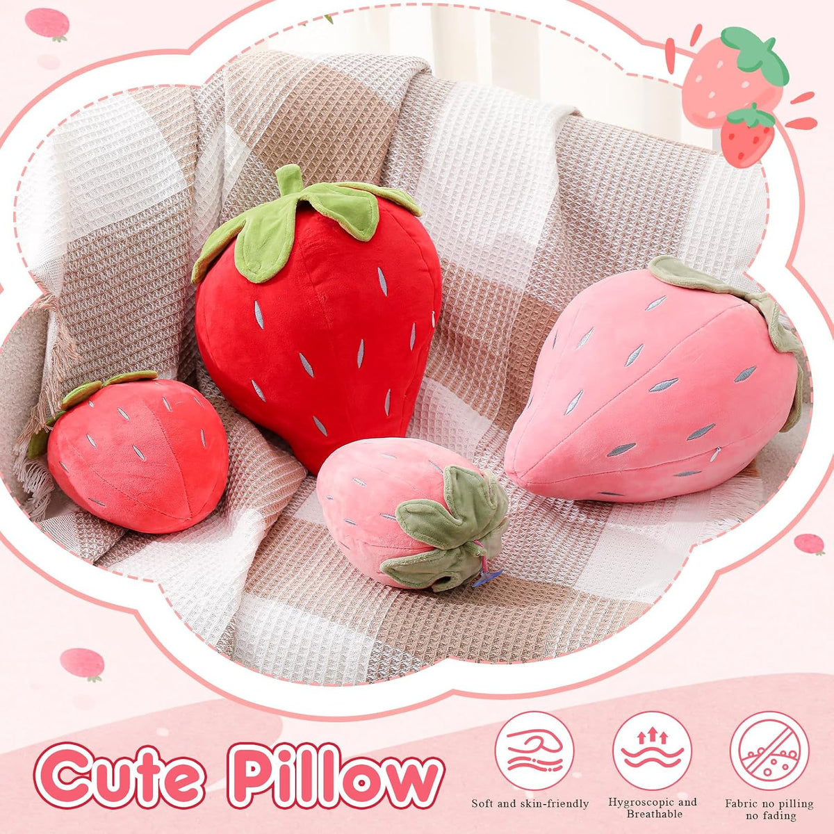 Juexica 2 Pcs Strawberry Plush Pillow, Soft Fruit Cushion, Red，Pink