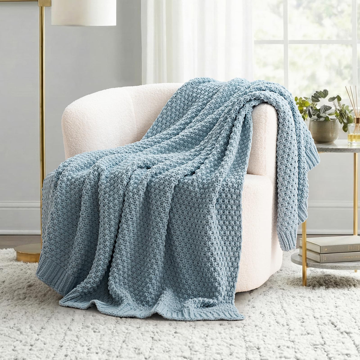 EVERGRACEHOME Chunky Chenille Knit Throw Blanket, 50 x 60, Olive Green