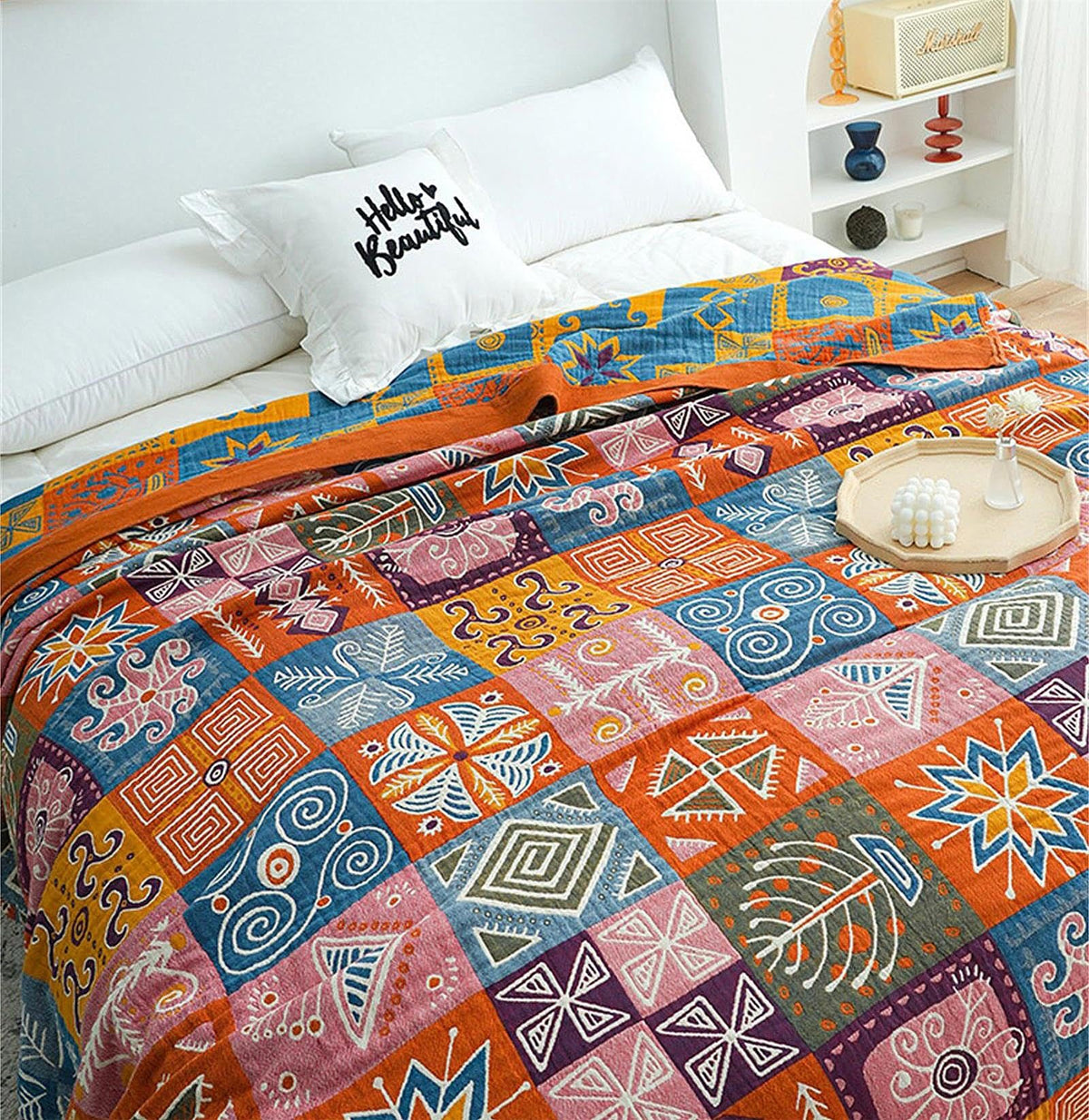 MSGKV Boho Throw Blanket 50"x60" Cotton Throw for Couch Sofa, Floral Quilt