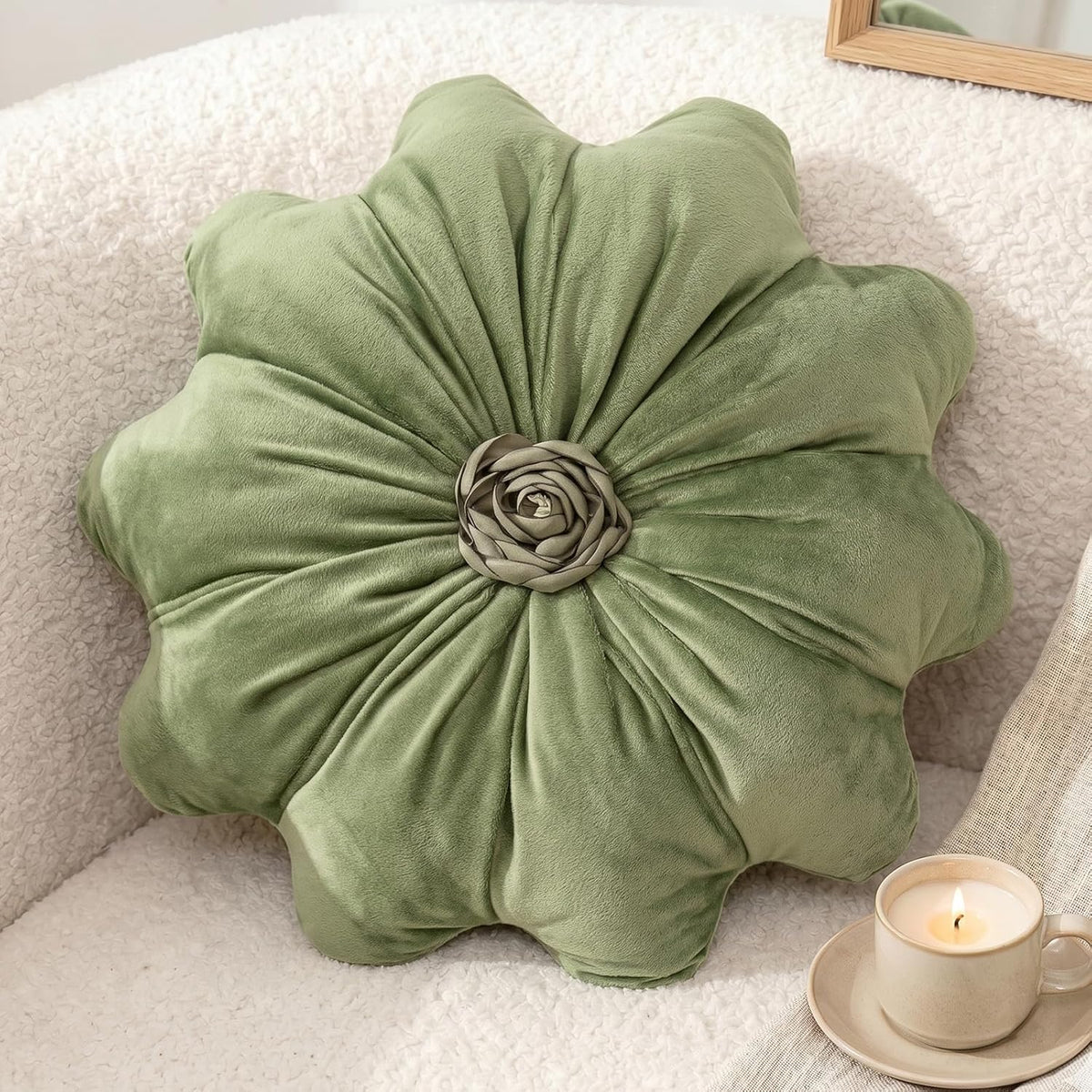 Flower Pillow,Olive Green Round Throw Pillows 15.7"