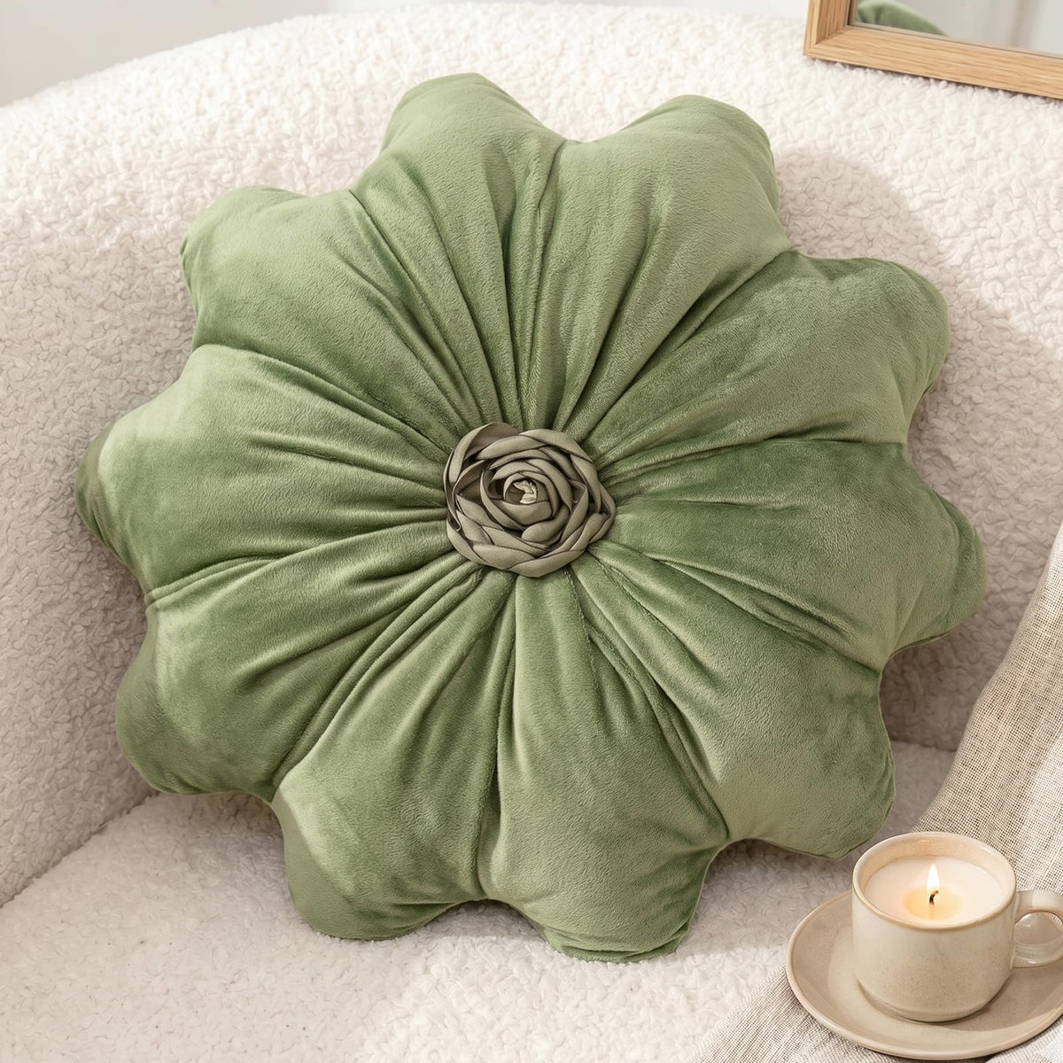 Flower Pillow,Olive Green Round Throw Pillows 15.7"