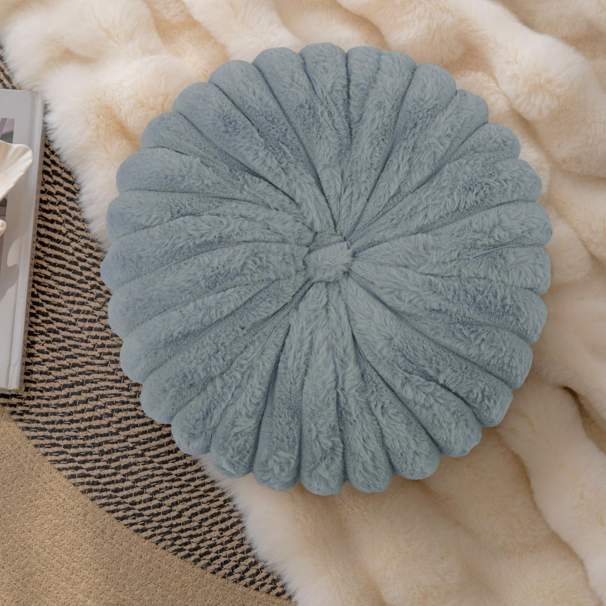 vctops Round Throw Pillow Soft Faux Fur Decorative Pillow Small Pumpkin Throw Pillow Cushion for Living Room Sofa Bed (White,13.7" Diameter)