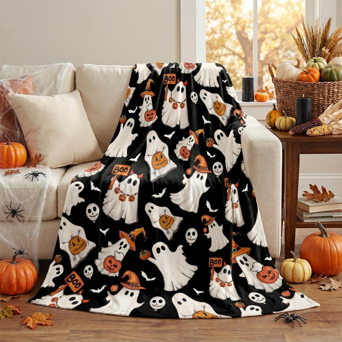 Horaldaily Halloween Black Ghost Pumpkin Skulls Flannel Throw Blanket 50x60