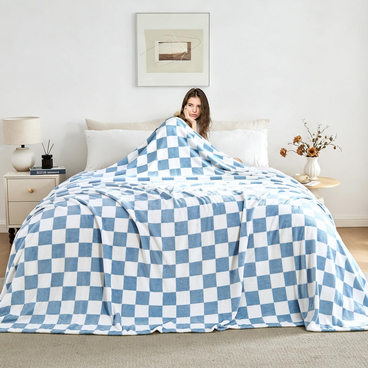 Edenleaf Pink Checkered Fleece Throw Blanket for Couch Warm Home Decor