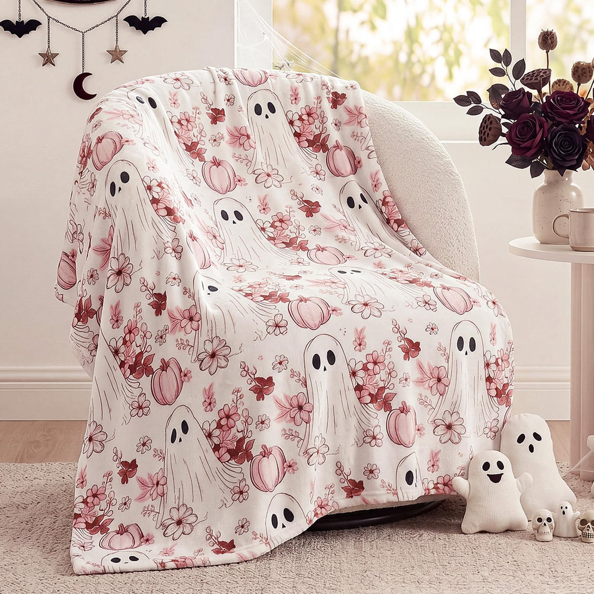 FuWeave Halloween Throw Blanket Cute Ghost Blanket Black and White Striped