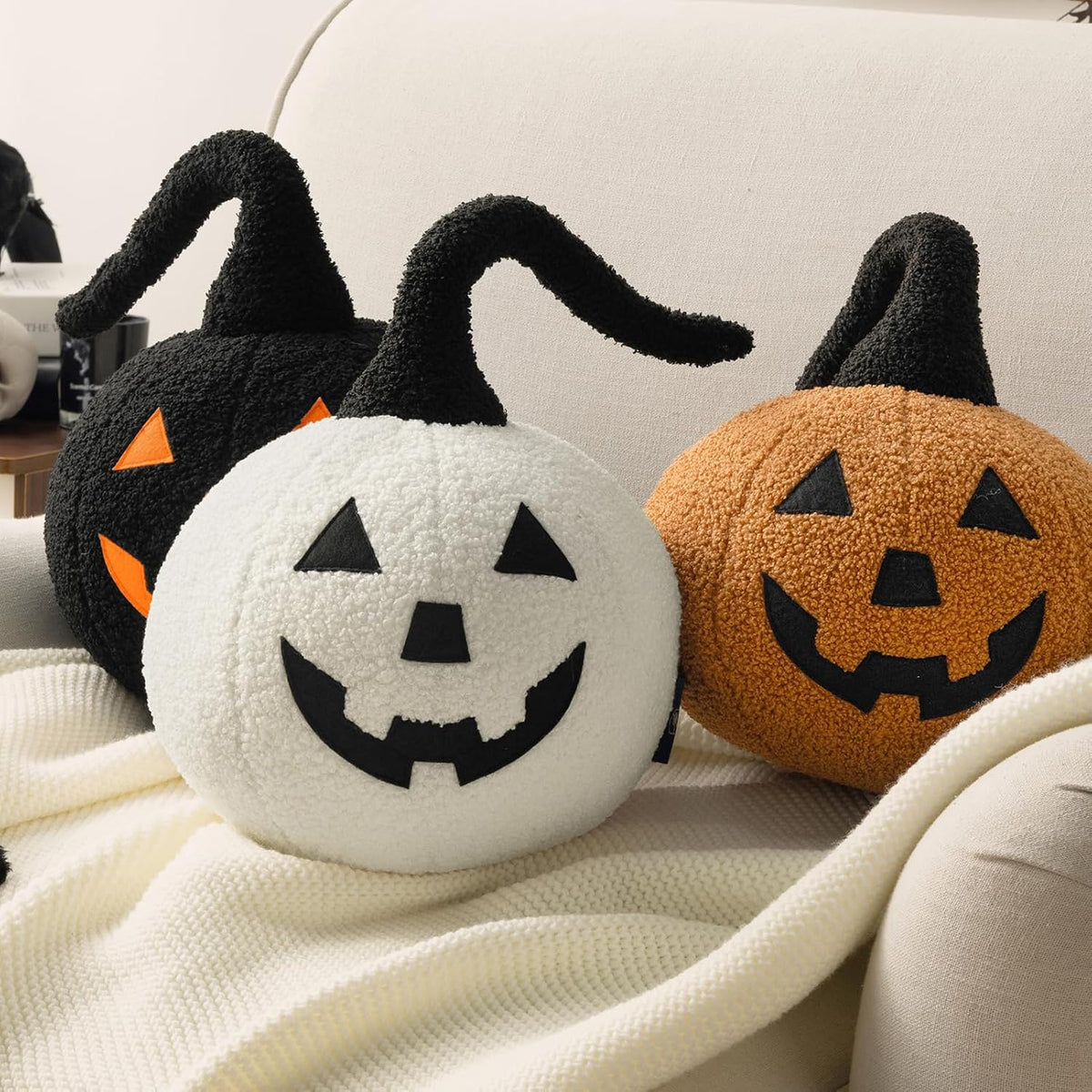 Phantoscope Happy Halloween Pumpkin Shaped Throw Pillow, Teddy Fleece Jack-o’-Lantern Pumpkin Pillow, Ultra Soft Sherpa Fall Decorative Halloween Cushion Pillow, Orange, 9.5 x 9.5 inches