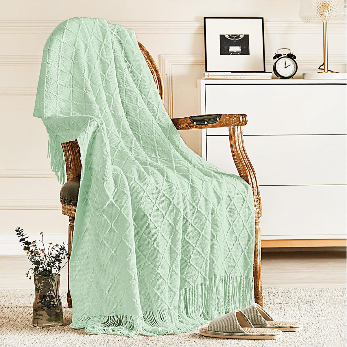 inhand Off White Knitted Throw Blanket for Couch and Bed, 50"x60"