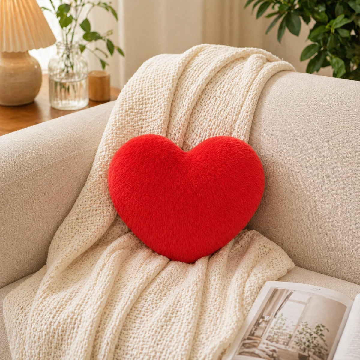 RAINFLOW Decorative Heart Pillow - Pink Faux Fur Throw Pillow Room Decor