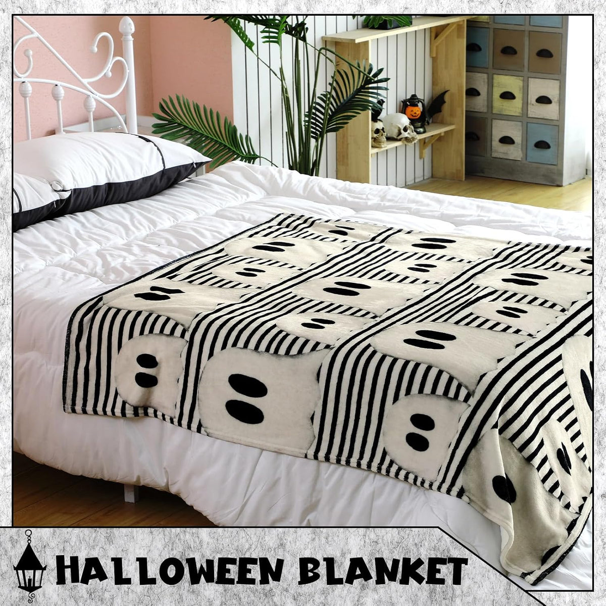FuWeave Halloween Throw Blanket Cute Ghost Blanket Black and White Striped