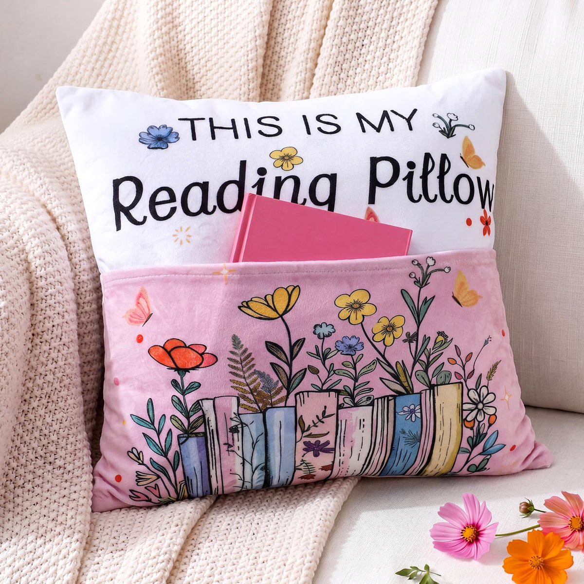 18 x 18 Inch This is My Reading Pillow with Flower