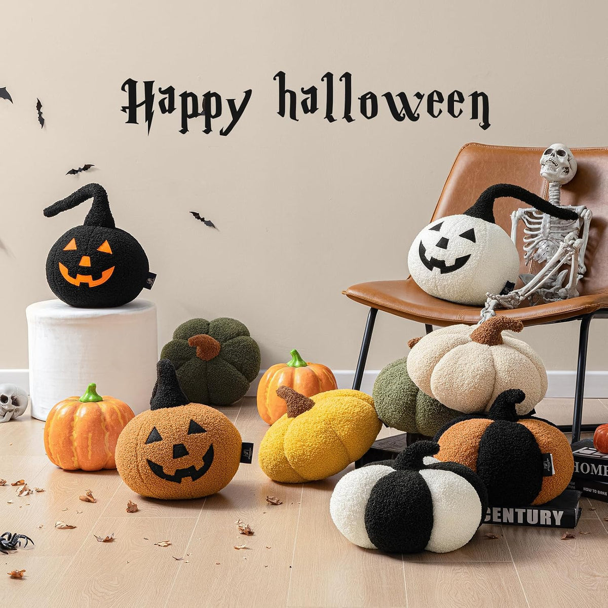Phantoscope Happy Halloween Pumpkin Shaped Throw Pillow, Teddy Fleece Jack-o’-Lantern Pumpkin Pillow, Ultra Soft Sherpa Fall Decorative Halloween Cushion Pillow, Orange, 9.5 x 9.5 inches