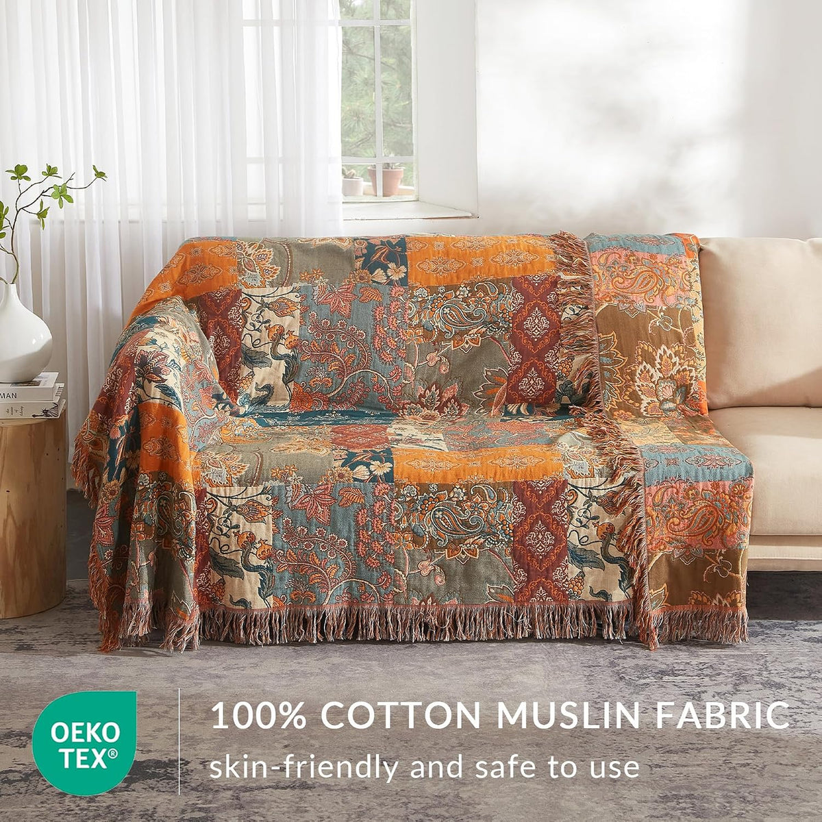 Bailix Boho Throw Blanket, 100% Cotton, Woven Floral Pattern, 60"x80"