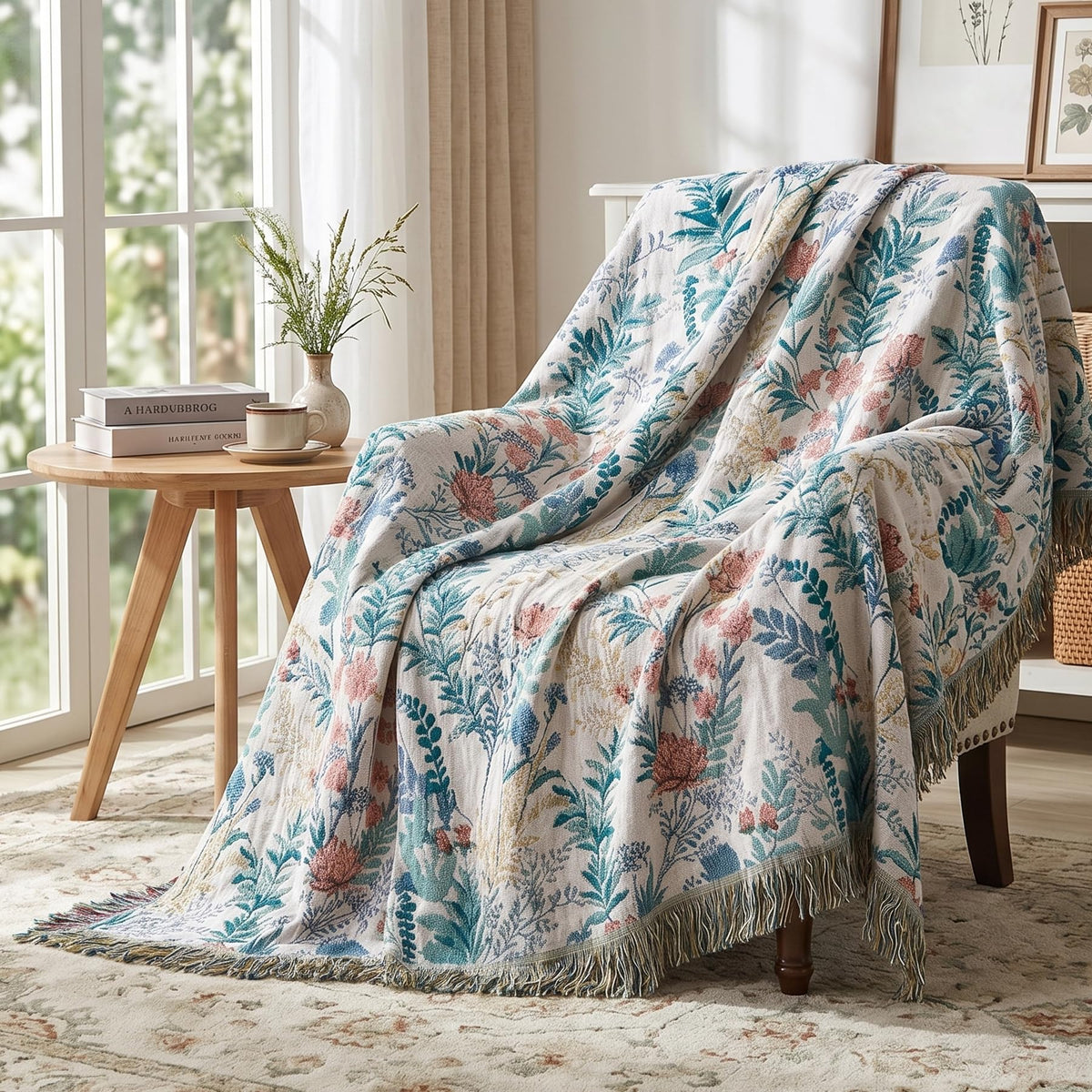Bailix Boho Throw Blanket, 100% Cotton, Woven Floral Pattern, 60"x80"