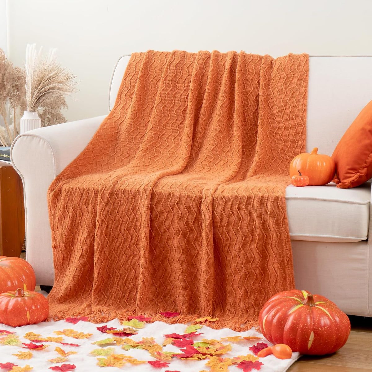 BATTILO HOME Burnt Orange Throw Blanket for Couch, Decorative Fall Throw Blanket with Tassels Halloween Throw Fall Decor, 50"x60"