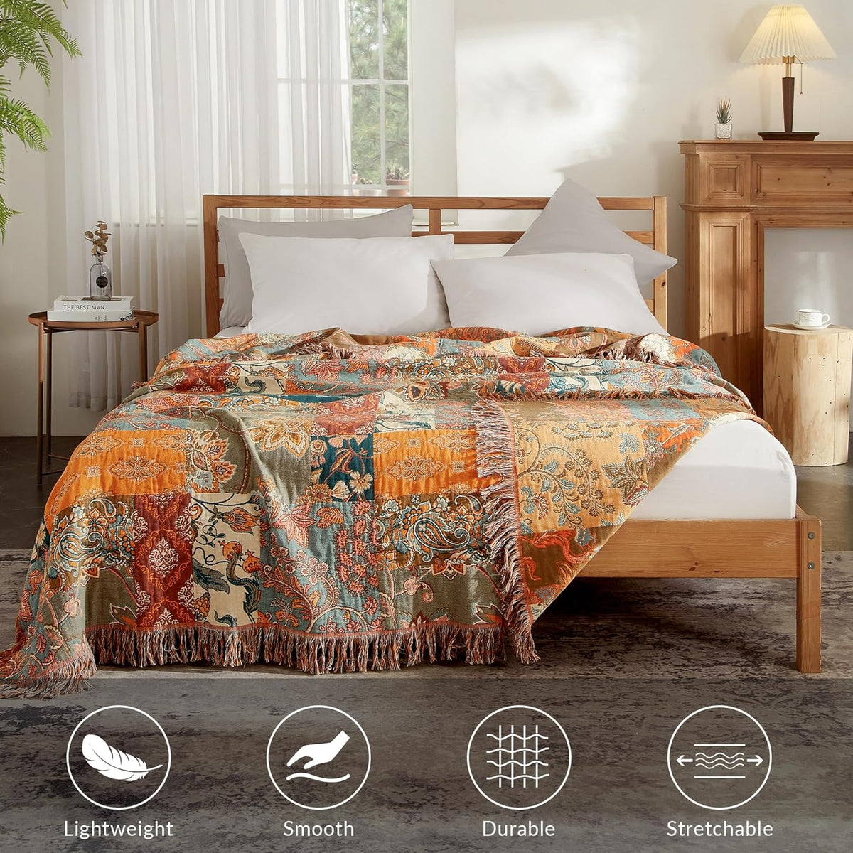 Bailix Boho Throw Blanket, 100% Cotton, Woven Floral Pattern, 60"x80"