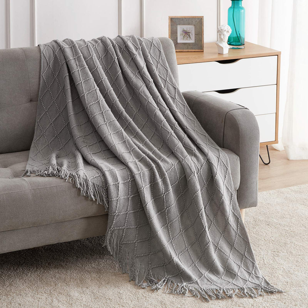 BOURINA Beige Throw Blanket 50x60 Inch Boho Knitted Soft Throw Sofa Blanket