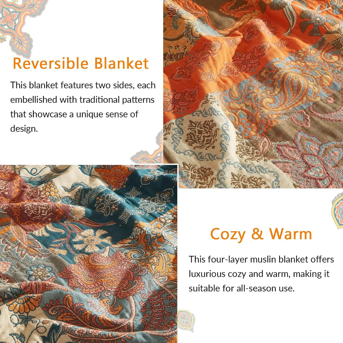 Bailix Boho Throw Blanket, 100% Cotton, Woven Floral Pattern, 60"x80"