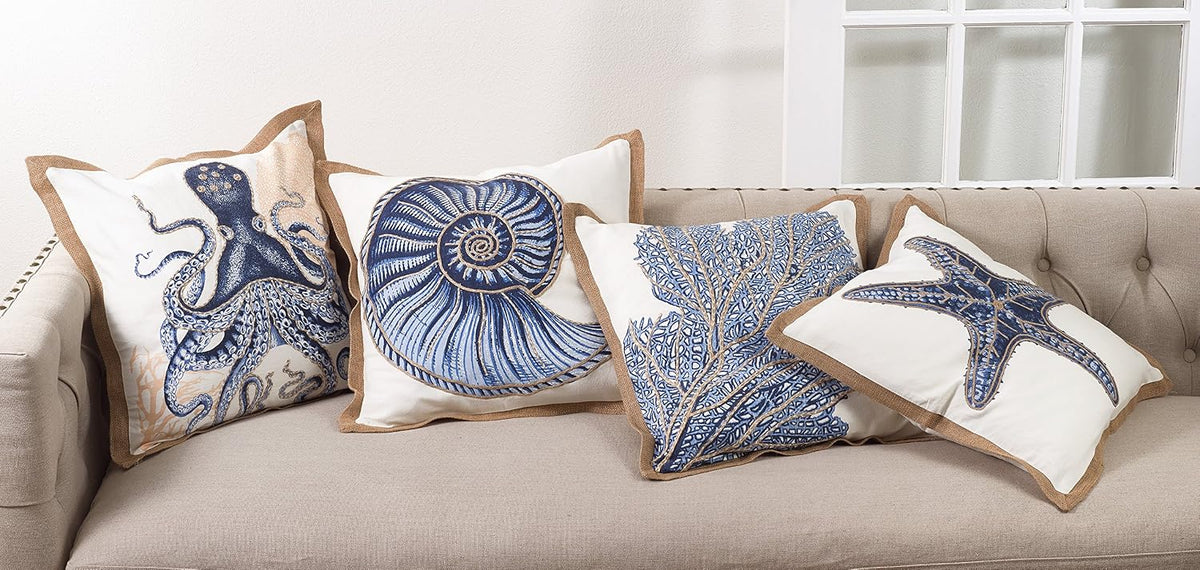 SARO LIFESTYLE Neptunian Coastal Throw Pillow – 20” x 20”, Woven Cotton Cover with Jute Trim, Zipper Closure, Down & Feather Insert – Spiral Shell, Navy Blue
