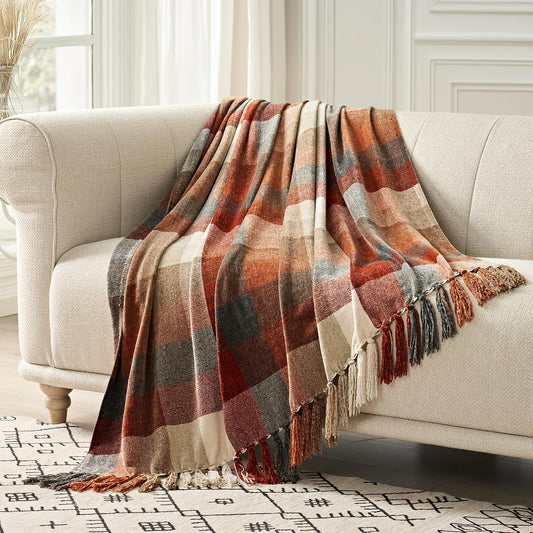 EverGrace Plaid Chenille Fall Throw Blanket, 50"x60", Harvest Orange Plaid