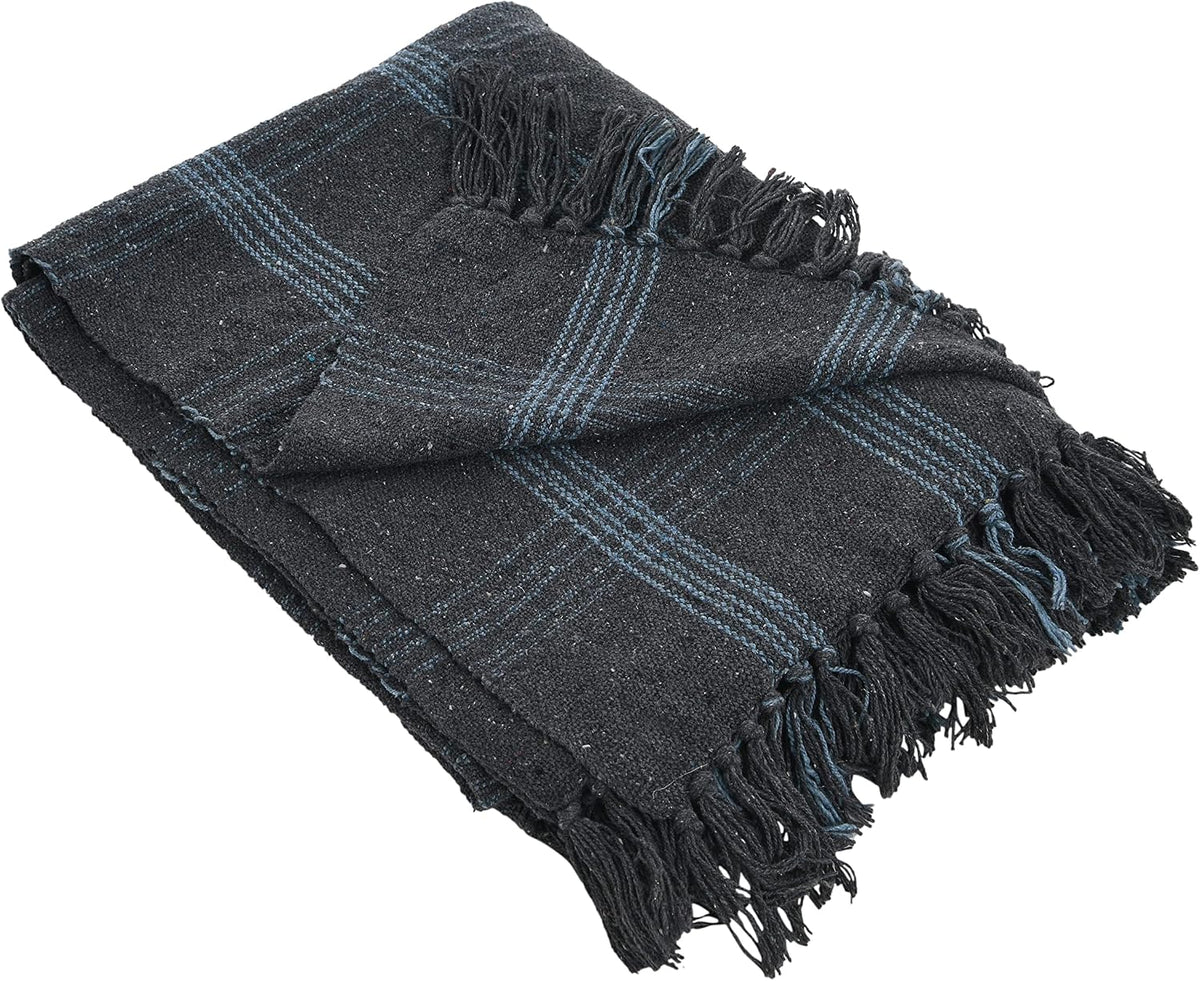 Creative Co-Op Recycled Cotton Blend Throw Blanket with Fringe, Brown Plaid