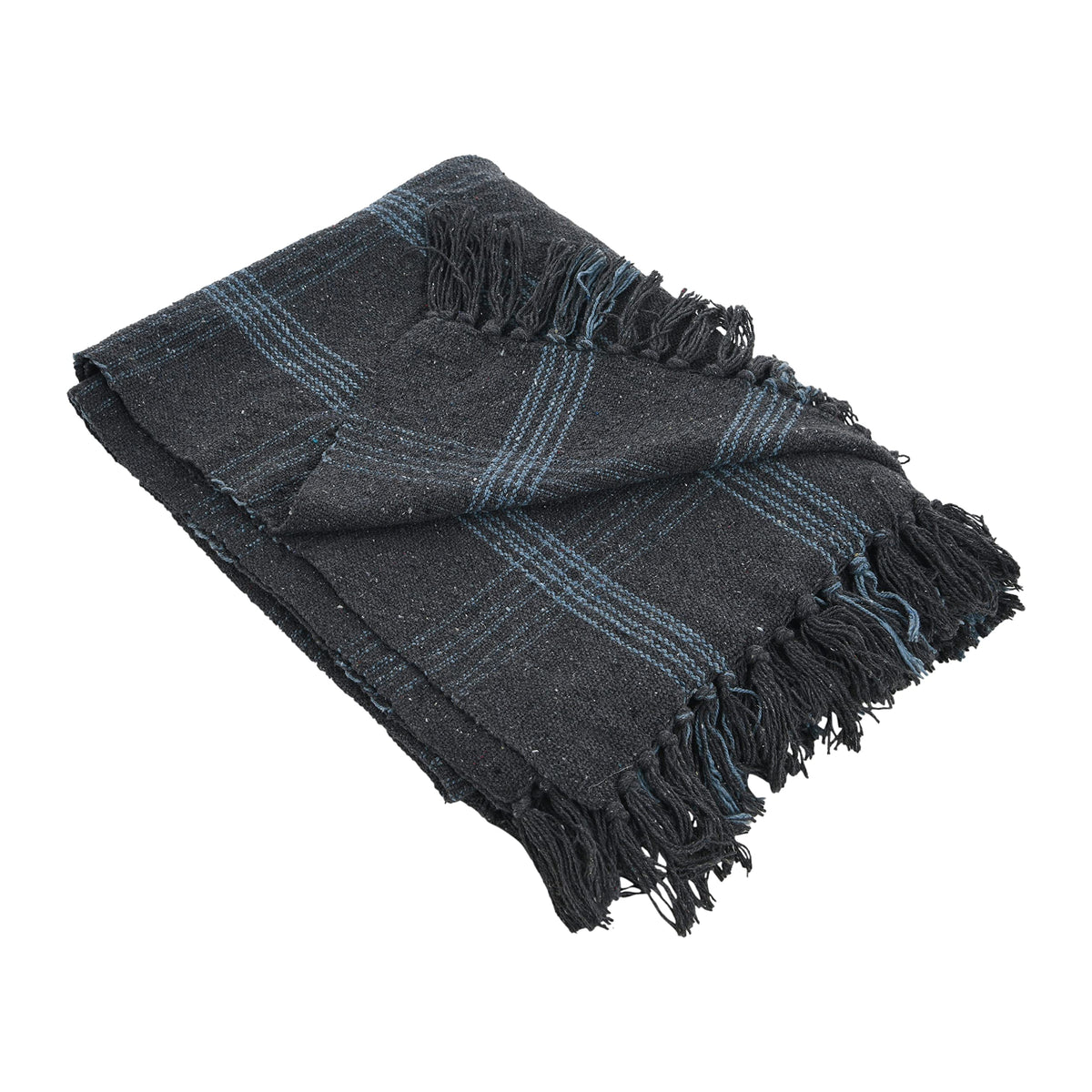 Creative Co-Op Recycled Cotton Blend Throw Blanket with Fringe, Brown Plaid