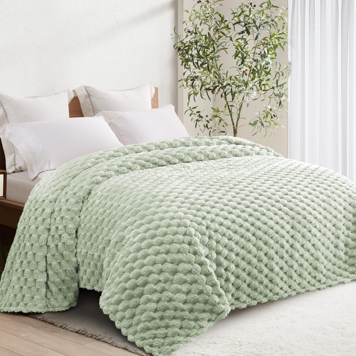 Whale Flotilla Soft 3D Jacquard Fleece Throw Blanket for Couch & Bed, Ivory