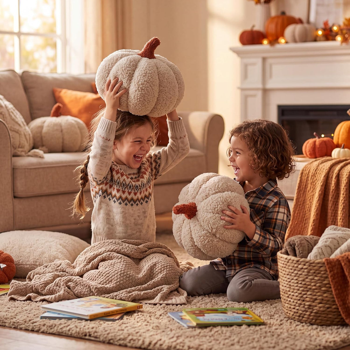 Queekay 2 Pcs Pumpkin Pillow Fall Decor Cushions, Beige, Large