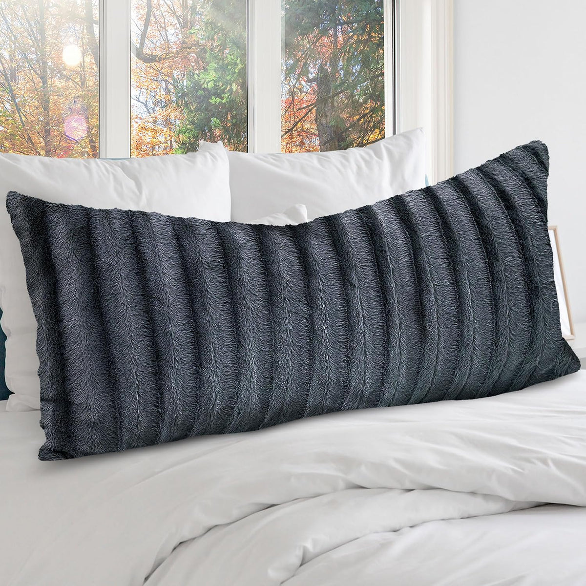 Cheer Collection Faux Fur Long Body Pillow - Accent Throw Pillow for Bed and Couch - Decorative Lumbar Pillow with Insert, Black (18" x 40")