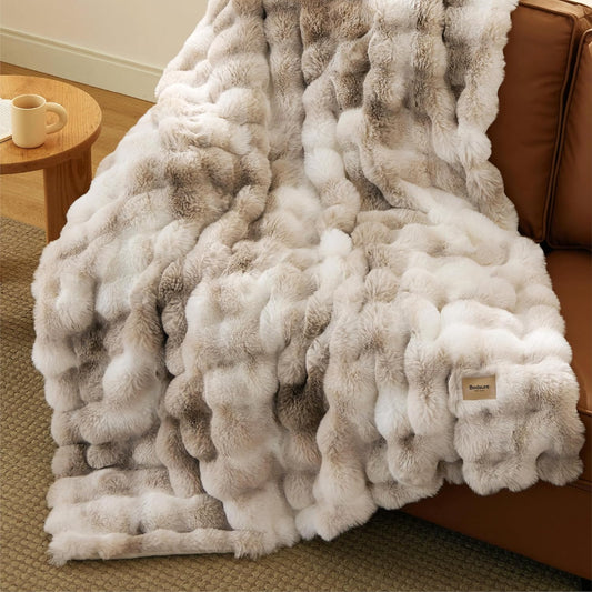 Bedsure Fluffy Bubble Faux Fur Throw XL Blanket, 50"x70", Tie-dye Taupe