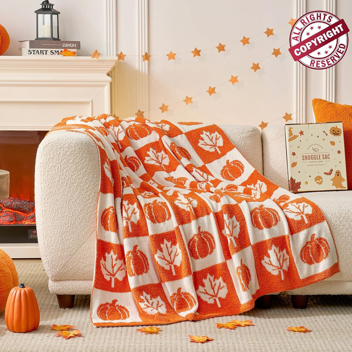 Snuggle Sac Fall Checkered Blanket Orange Pumpkin Maple Leaf Throw Blanket for Couch,Halloween Soft Cozy Luxury Decoration Blanket for Sofa Bed Living Room,50×60 inches