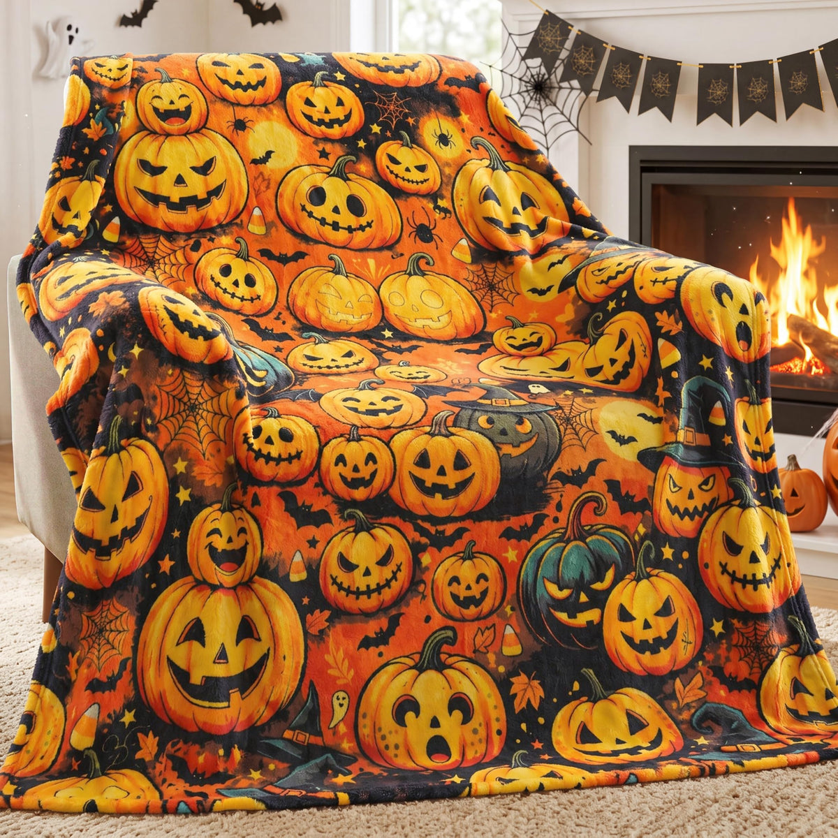 Joiedomi Halloween Throw Blanket - Soft Plush Spider Webs Bat Pumpkin Blanket - Cozy Flannel White Halloween Decoration for Party Sofa Bed Living Room 50"x60"