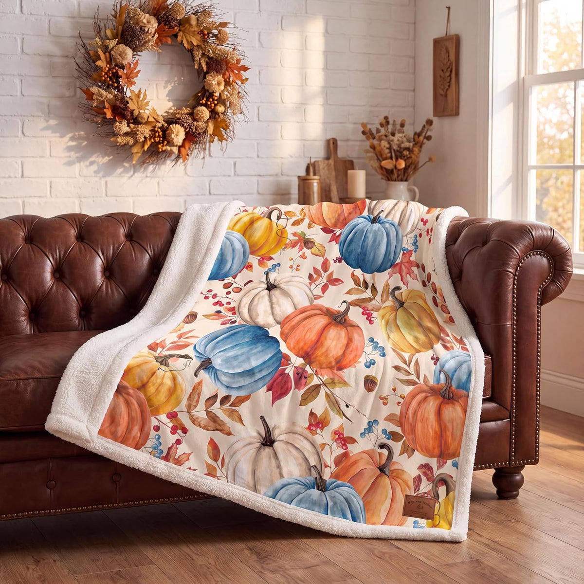 Fall Pumpkins Throw Blanket, Autumn Orange White Blue Pumpkins Leaves and Berries Soft Warm Fleece Blanket for Living Room Couch Bed Chair or Dorm, 50"x60"