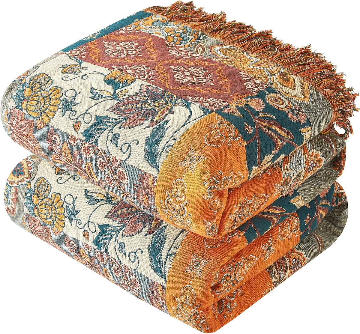 Bailix Boho Throw Blanket, 100% Cotton, Woven Floral Pattern, 60"x80"