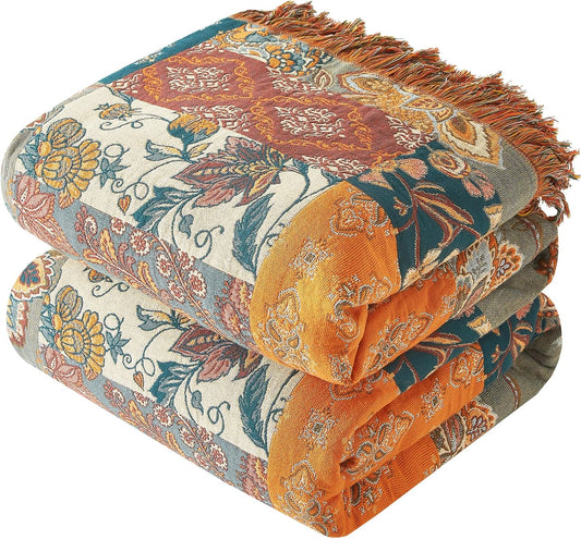 Bailix Boho Throw Blanket, 100% Cotton, Woven Floral Pattern, 60"x80"