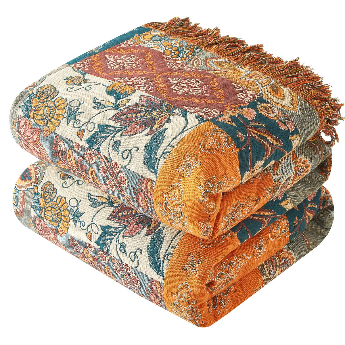 Bailix Boho Throw Blanket, 100% Cotton, Woven Floral Pattern, 60"x80"