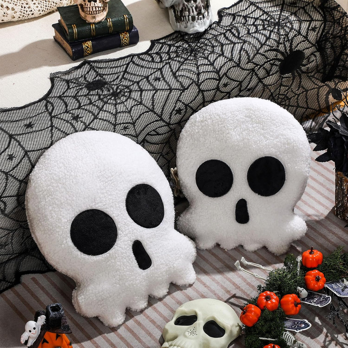 Wonderjune 2 Pcs Halloween Skull Skeleton Pillows, Black and White Gothic