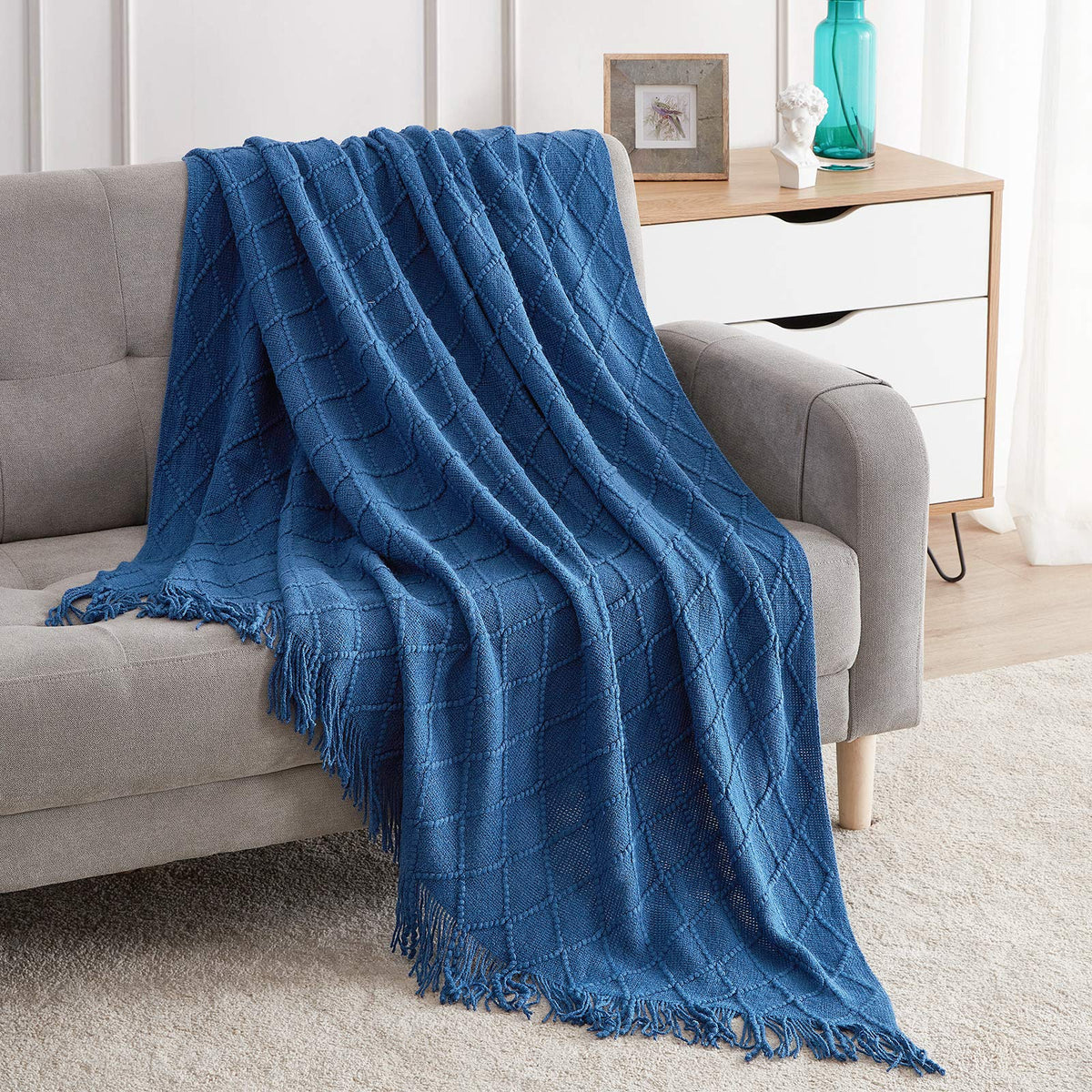 BOURINA Beige Throw Blanket 50x60 Inch Boho Knitted Soft Throw Sofa Blanket