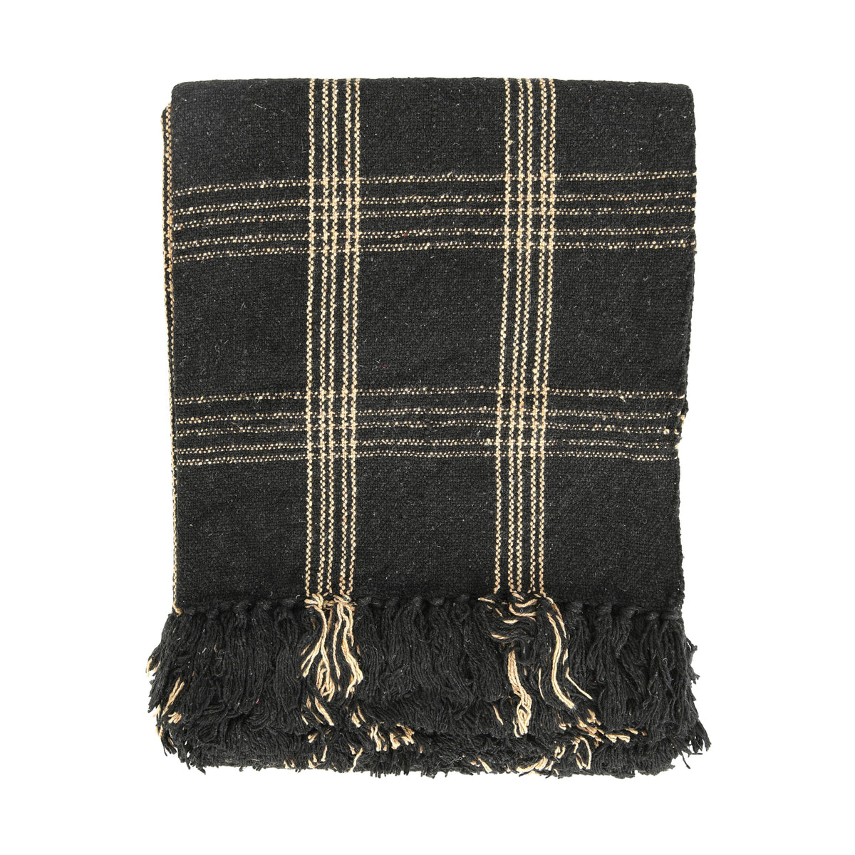 Creative Co-Op Recycled Cotton Blend Throw Blanket with Fringe, Brown Plaid