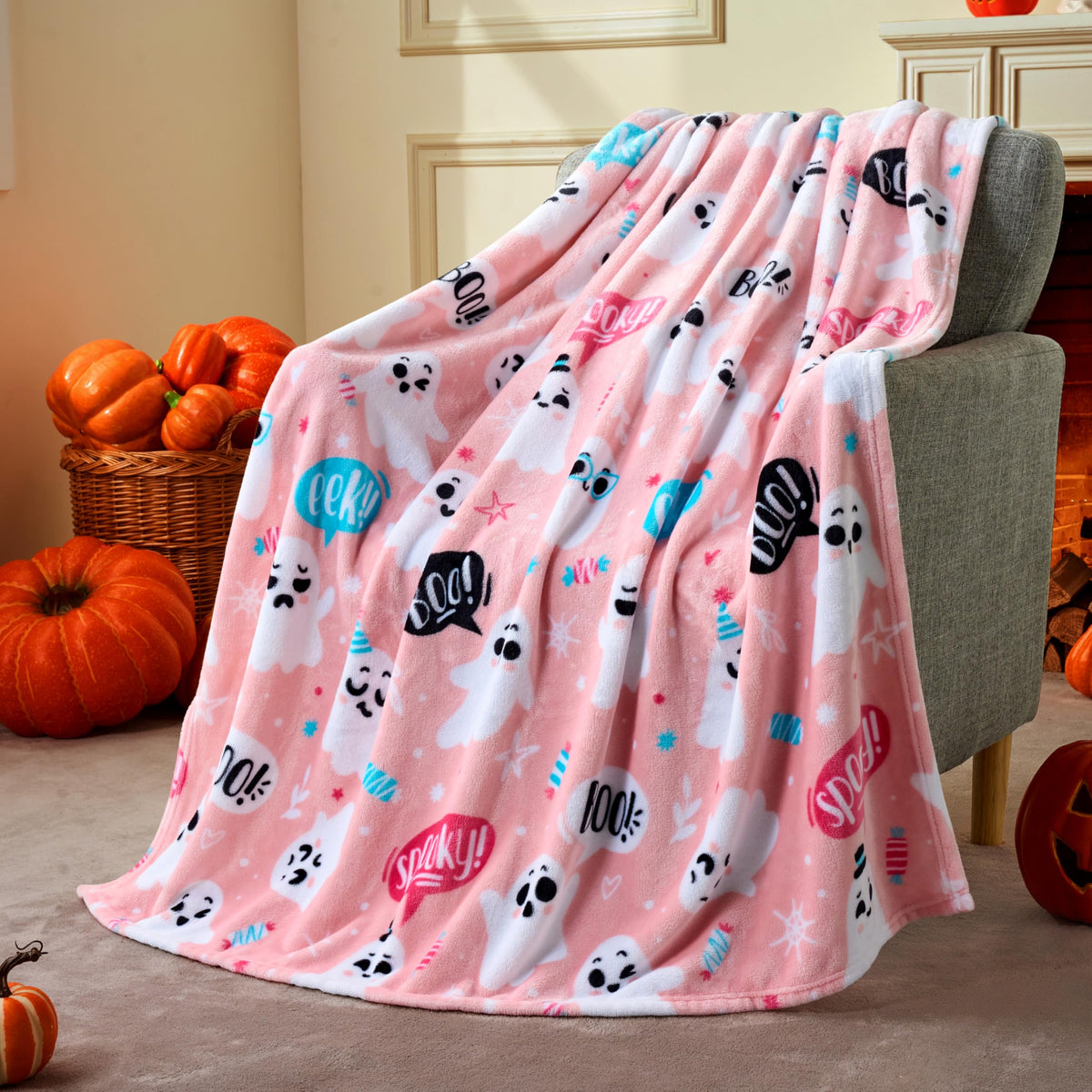 Joiedomi Halloween Throw Blanket - Soft Plush Spider Webs Bat Pumpkin Blanket - Cozy Flannel White Halloween Decoration for Party Sofa Bed Living Room 50"x60"