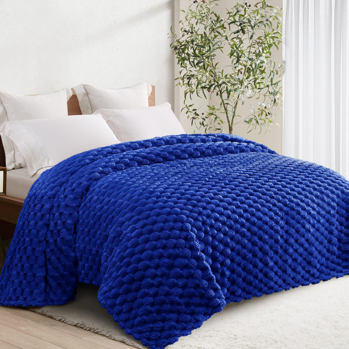 Whale Flotilla Soft 3D Jacquard Fleece Throw Blanket for Couch & Bed, Ivory