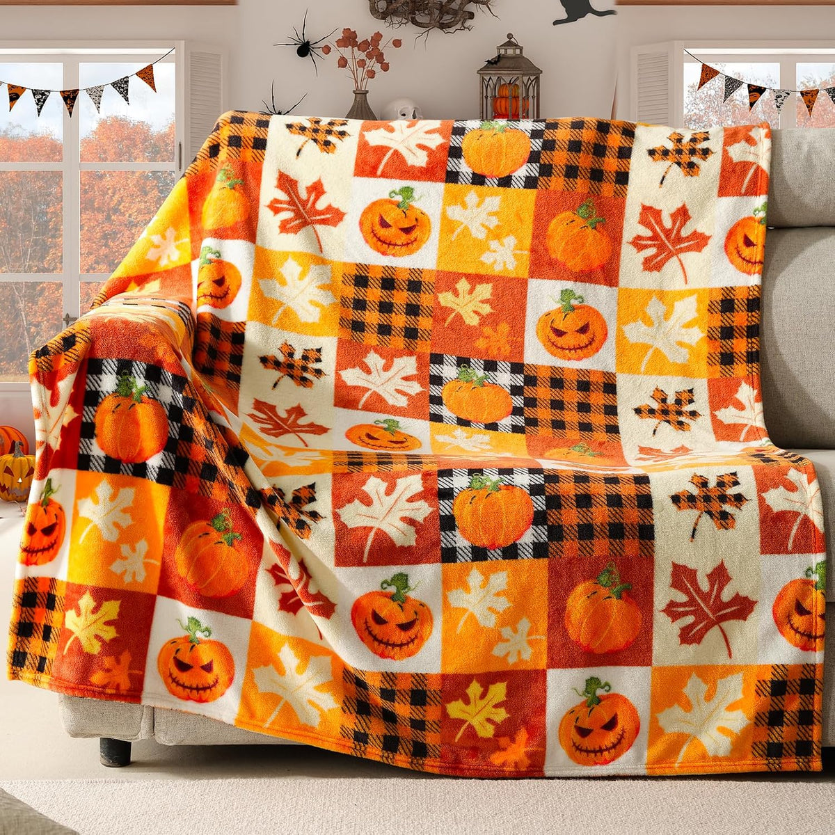ROMROL Halloween Fleece Throw Blanket Pumpkin Fall Plaid Blanket 50x60