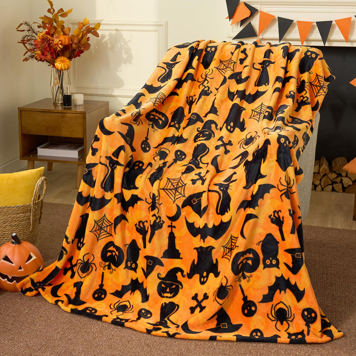 Joiedomi Halloween Throw Blanket - Soft Plush Spider Webs Bat Pumpkin Blanket - Cozy Flannel White Halloween Decoration for Party Sofa Bed Living Room 50"x60"