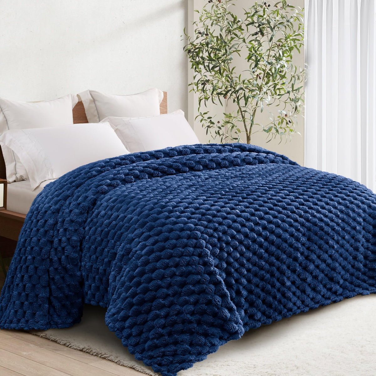 Whale Flotilla Soft 3D Jacquard Fleece Throw Blanket for Couch & Bed, Ivory