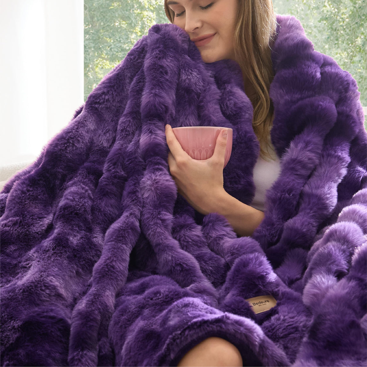 Bedsure Fluffy Bubble Faux Fur Throw XL Blanket, 50"x70", Tie-dye Taupe