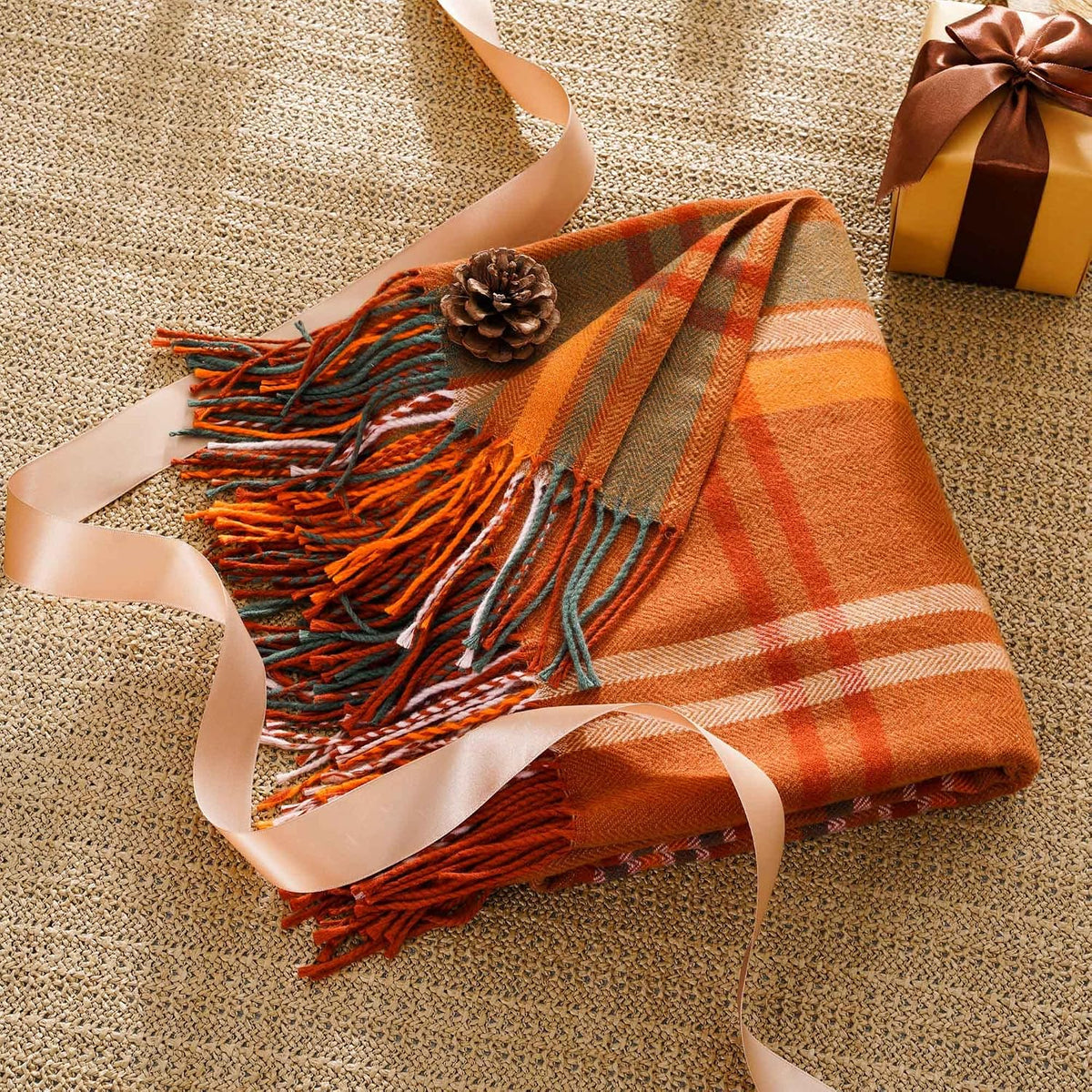 Orange Plaid Throw Blanket for Couch, Fall Throw Blanket 50"x60" Fall Decor