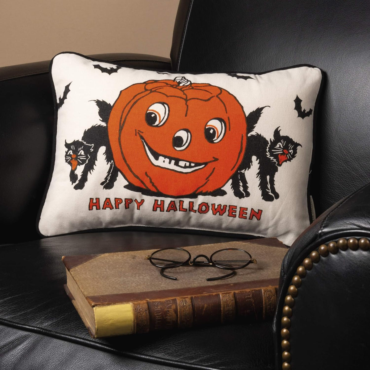 Primitives by Kathy Retro-Inspired Halloween Throw Pillow, 15 x 10-Inch, Vintage-Inspired Cotton Pillow from Our Halloween Collection/Happy Halloween Front Sentiment/Jack-O'Lantern/Black cat Design