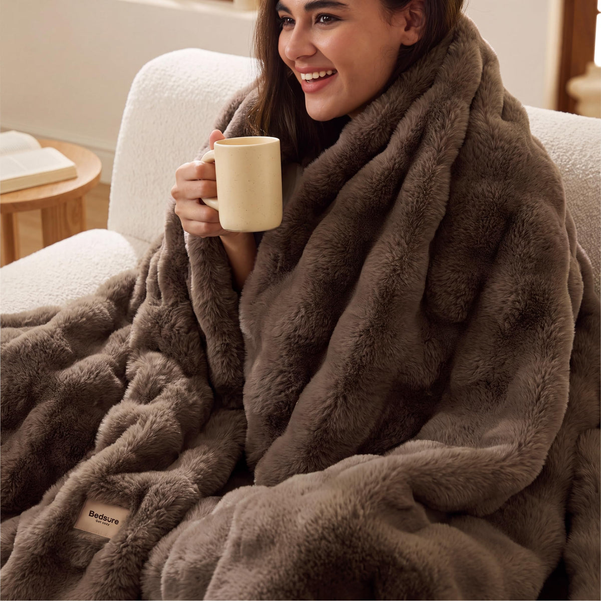 Bedsure Fluffy Bubble Faux Fur Throw XL Blanket, 50"x70", Tie-dye Taupe