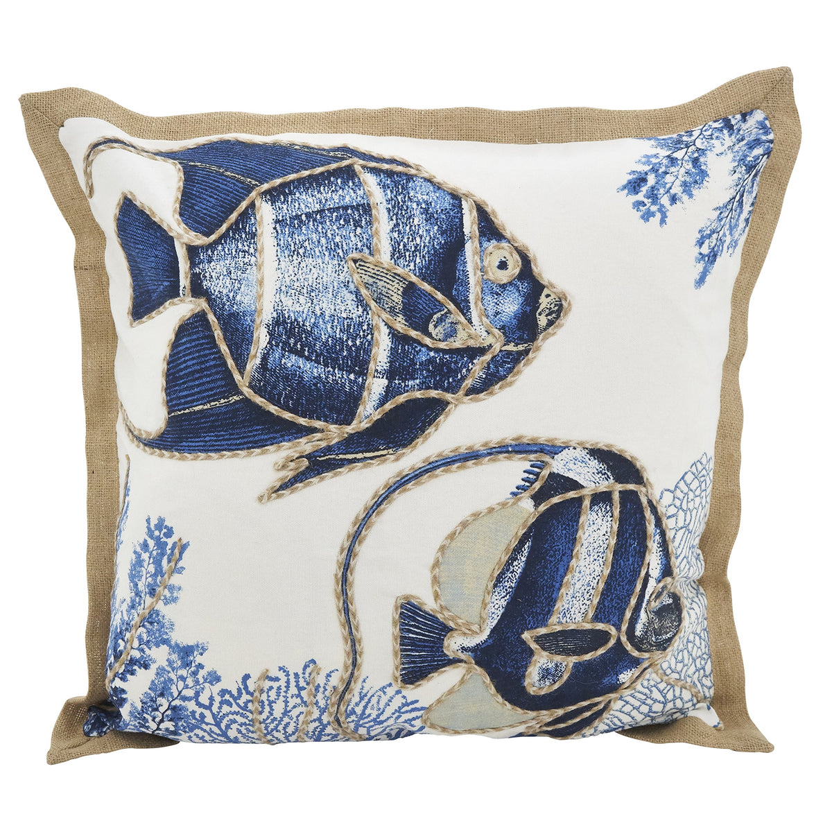 SARO LIFESTYLE Neptunian Coastal Throw Pillow – 20” x 20”, Woven Cotton Cover with Jute Trim, Zipper Closure, Down & Feather Insert – Spiral Shell, Navy Blue