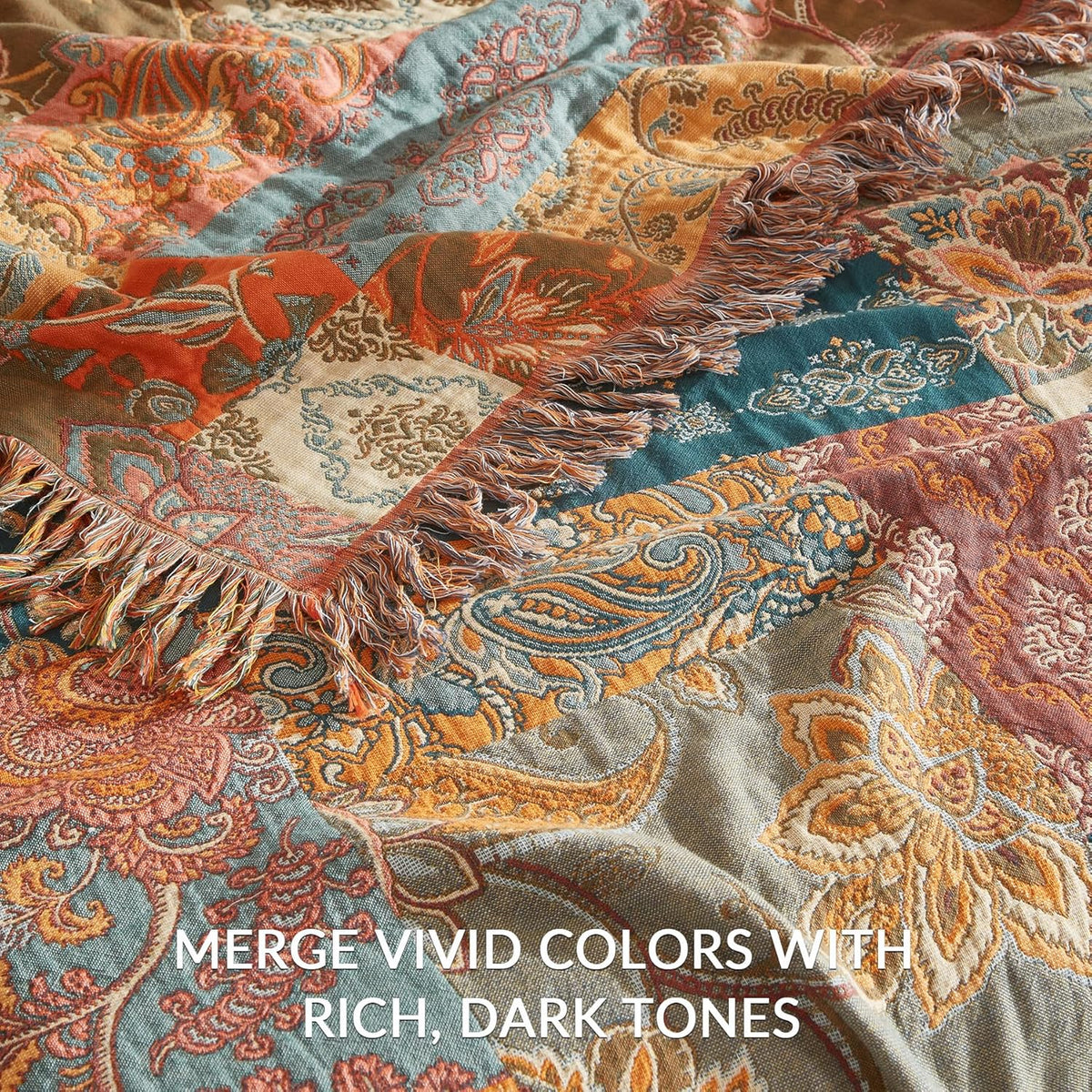 Bailix Boho Throw Blanket, 100% Cotton, Woven Floral Pattern, 60"x80"